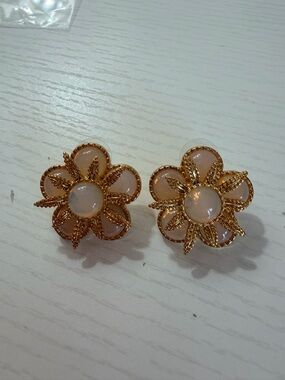 Vintage Gold and Opal Like Floral Stud Statement Earrings